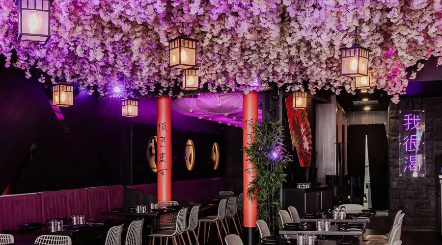 Pink cherry orchards and lanterns hang from a restaurant ceiling