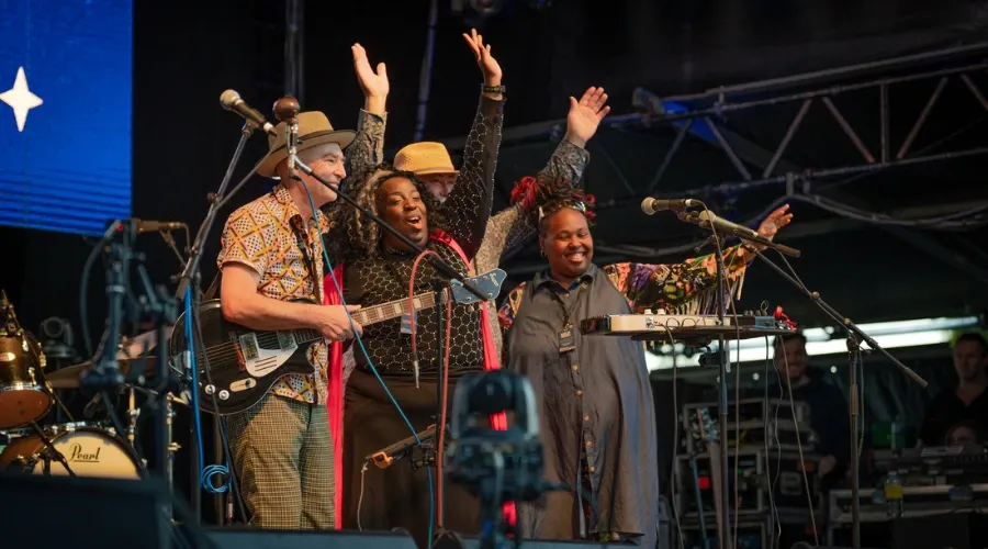 A group of musicians on stage at the Blues on Broadbeach concert