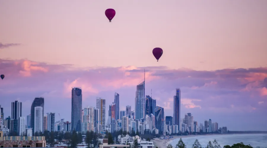 Hot air balloons over skyline at Broadbeach 