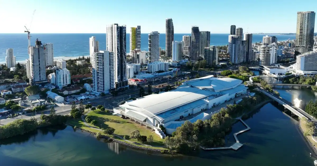 Aerial view of the impressive Gold Coast Convention and Exhibition Centre in the heart of Broadbeach