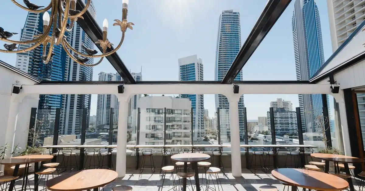 Stylish outdoor terrace cocktail venue space overlooking the Gold Coast streets