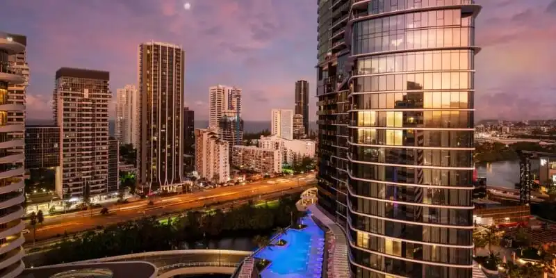 Dorsett Gold Coast building at dusk
