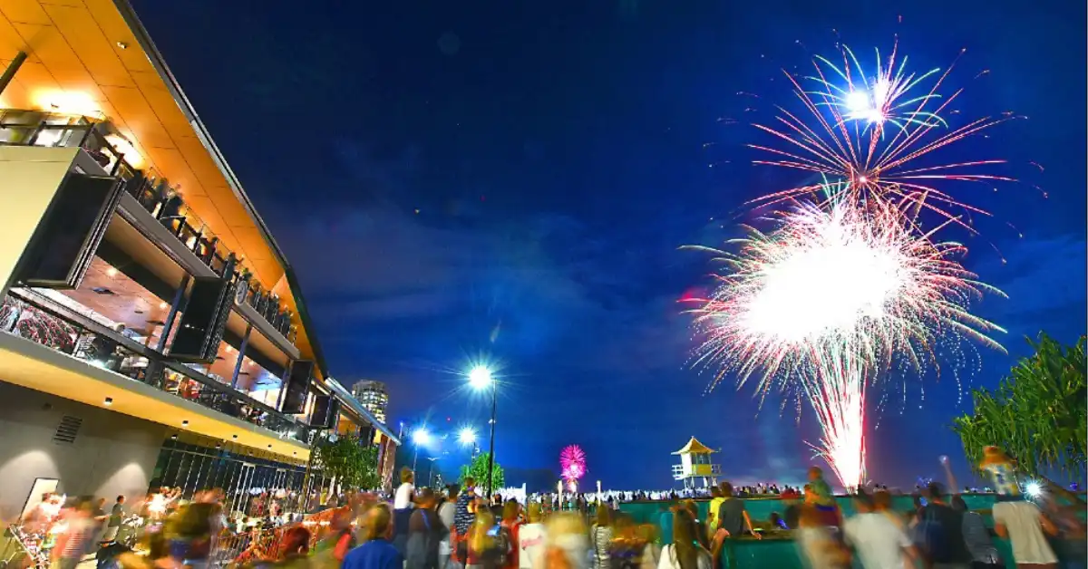 A past NYE fireworks show at Kurrawa Beach