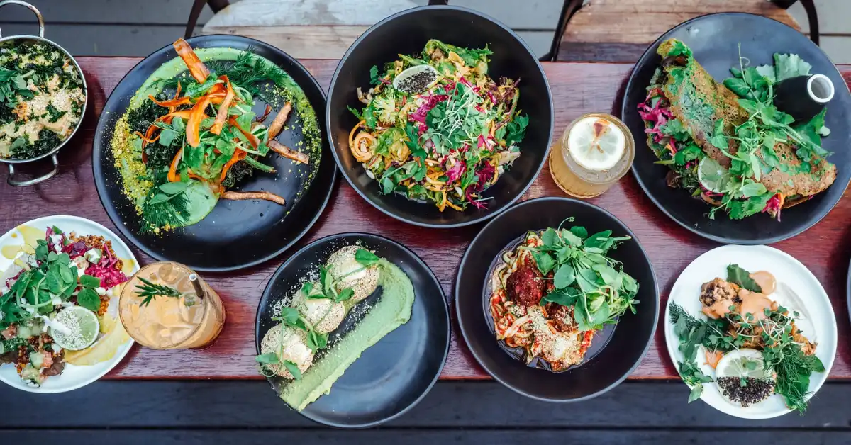 A table of vegan food at Greenhouse Canteen & Bar