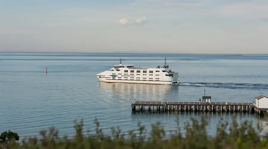 A large white ferry cruises through calm blue waters near a wooden pier, under a serene sky at Sorrento