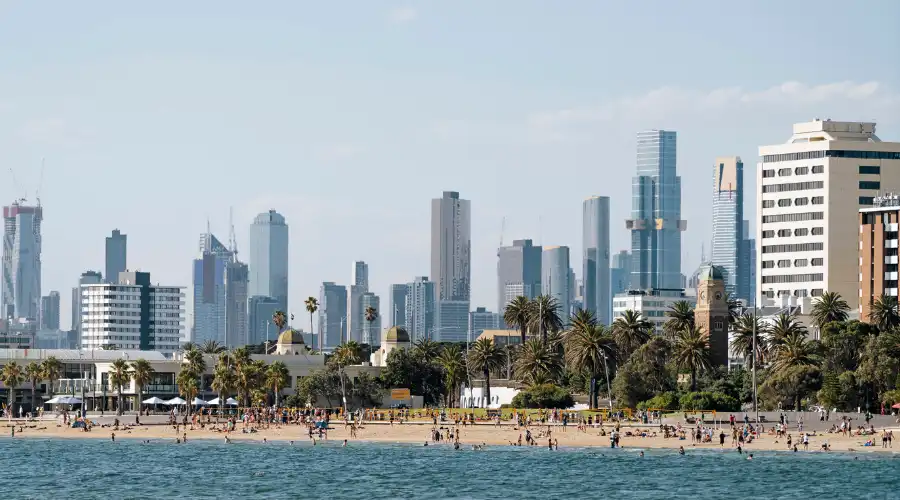 St Kilda beach with Melbourne skyline in summer