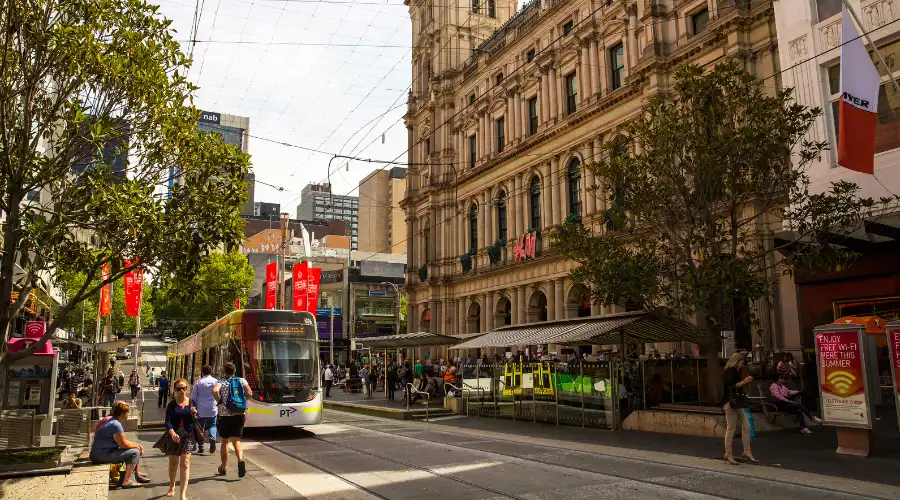 Tram and pedestrians in Melbourne CBD
