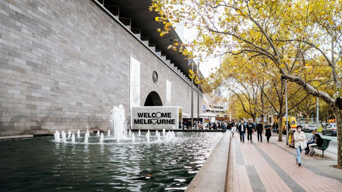 Exterior of NGV International on St Kilda Road in Melbourne during autumn