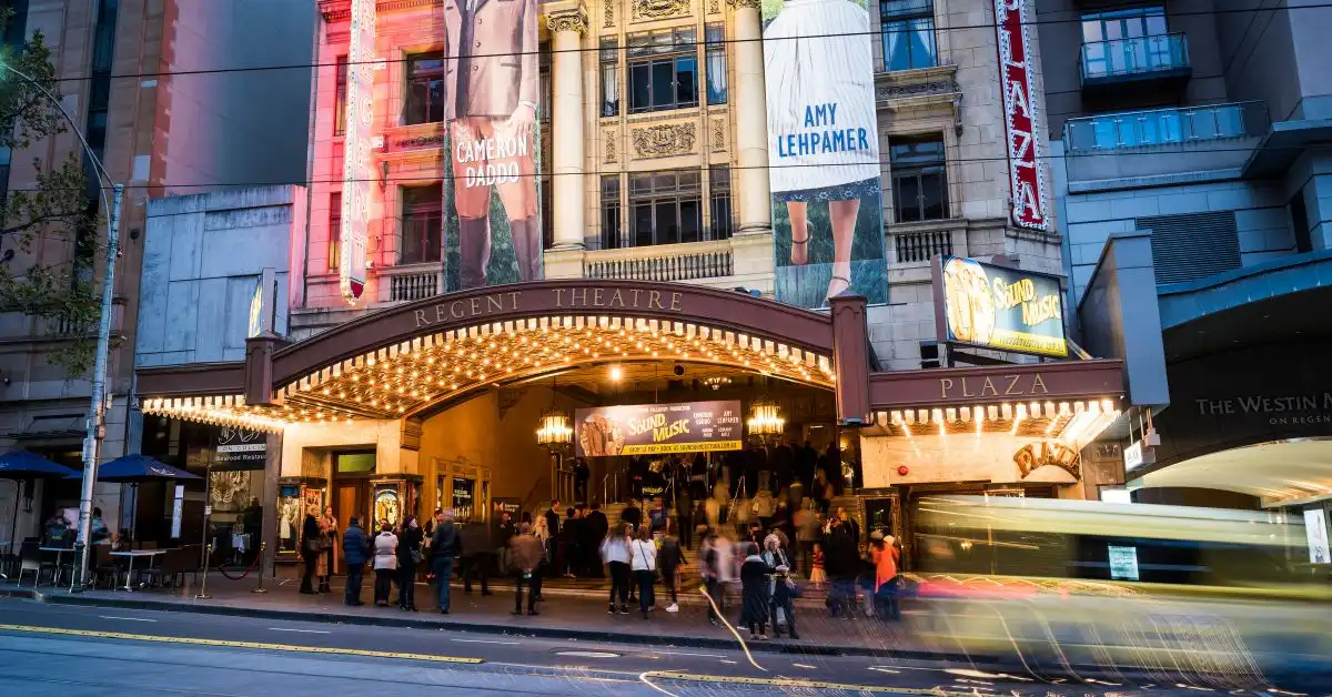 Crowds enter Melbourne’s Prince Regent Theatre to see a musical