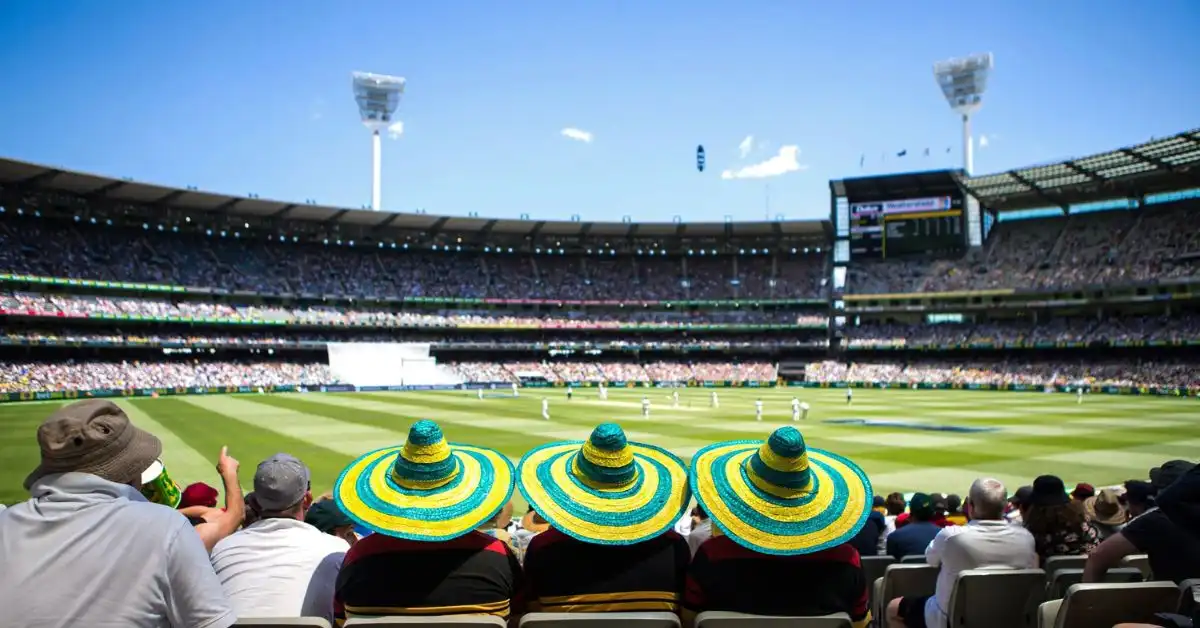Fans don Australian hats at the Melbourne Cricket Ground for a test match