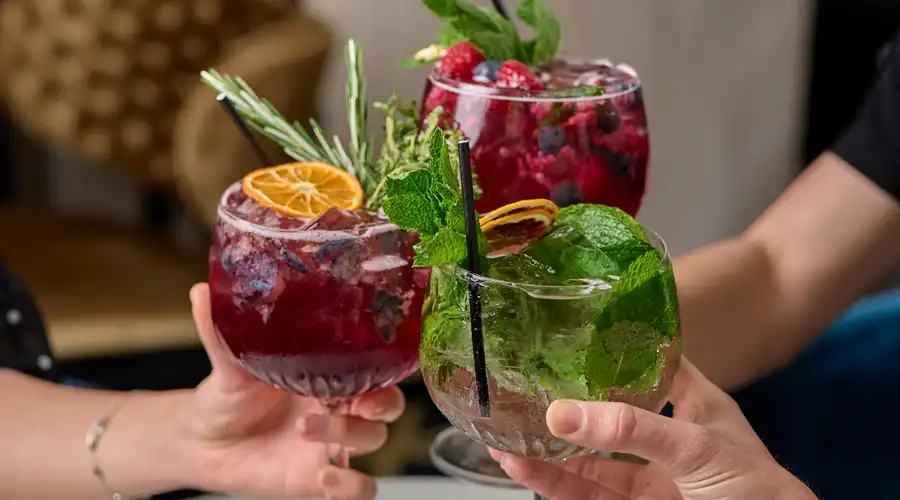 Friends enjoying fruit spritzer cocktails at the elegant Jin Bar in Melbourne