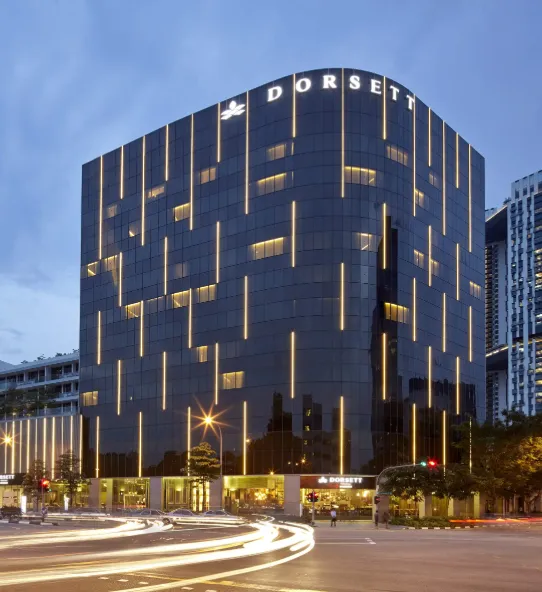 A nighttime cityscape view of Dorsett Singapore Hotel in Chinatown.