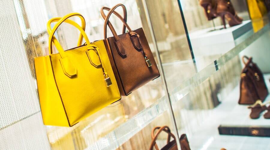 Designer handbags in a store