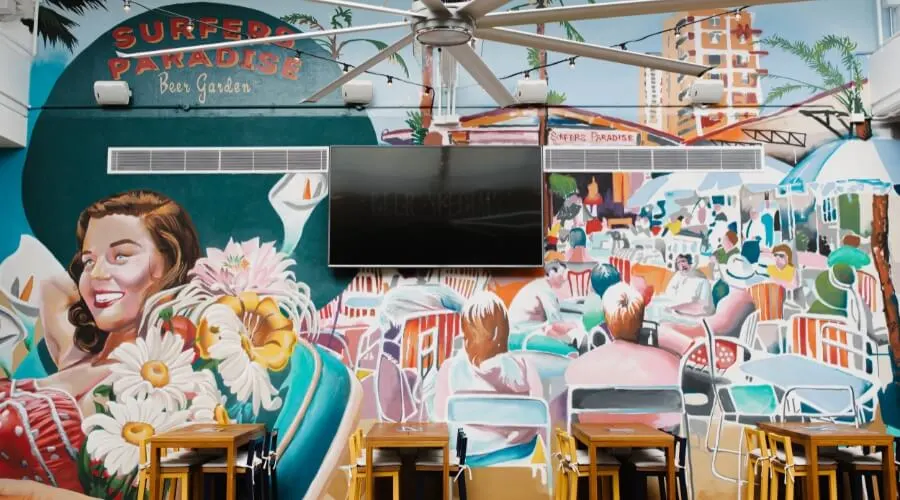 Surfers Paradise Beer Garden wall mural and seating