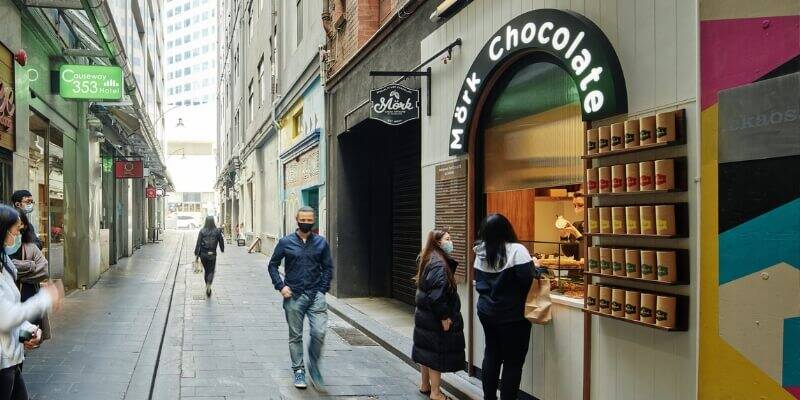 People waiting outside a chocolate shop in Melbourne