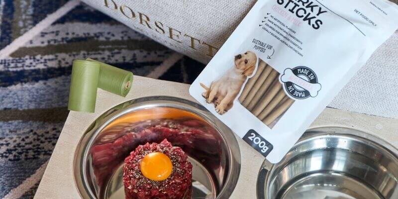 Dorsett dog bed and food bowls with treats